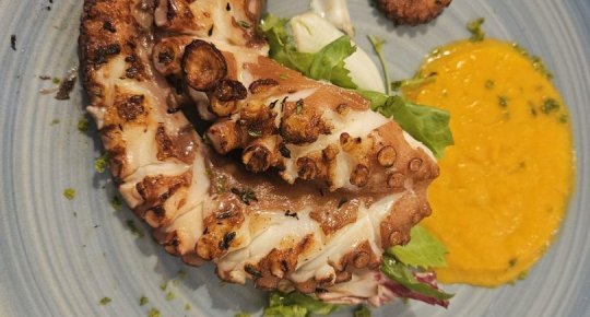 Grilled octopus with pumpkin cream